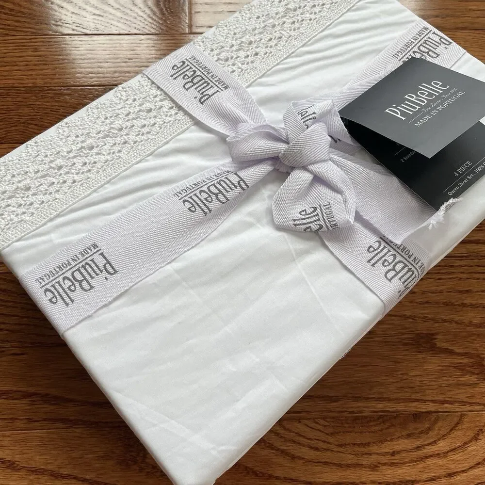 PiuBelle Portugal White Queen Sheets 4PC Cotton Percale Crochet Lace Cottage New